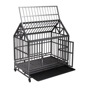 Heavy Duty Metal Dog Kennel Cage Crate with 4 Universal Wheels, Openable Pointed Top and Front Door, Black