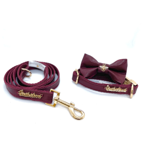 Red Wine collar, bow tie and leash (size: Full set ��� XS)